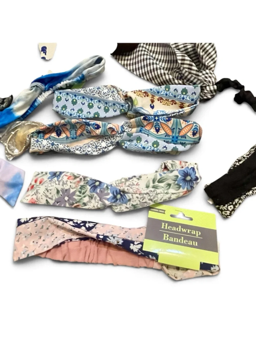 14 Hair items 6-Headbands/wraps, 2-Bow 3-metal Hair ties, Claw Clip, bun, misc